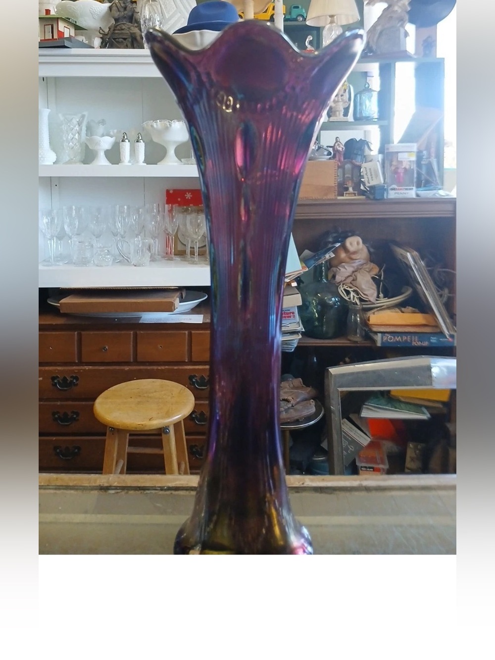 Carnival Glass Iridescent Amethyst  Swung Vase 12 Inches Tall